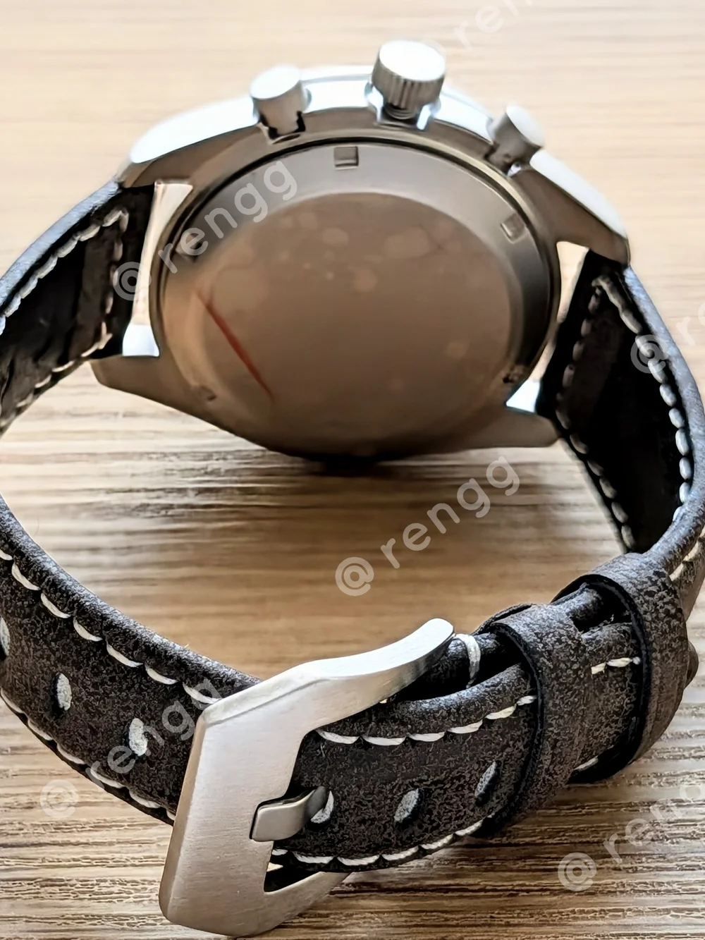 40mm Titanium Seiko Chronograph Black Dial Mod Watch with Brown Strap